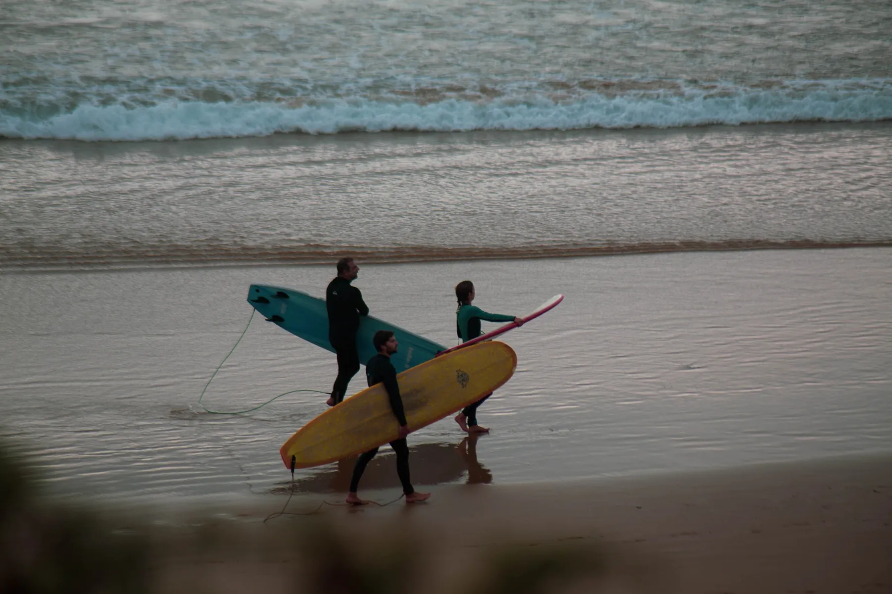 Surfeurs sur la plage, planches sous le bras