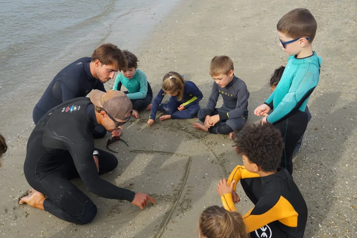 Moniteur expliquant une vague aux enfants sur le sable